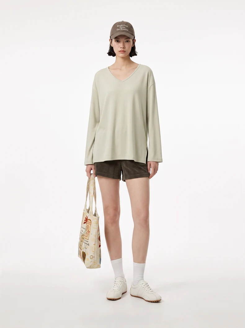 V-Neck Slit Long Sleeve T-Shirt image 2