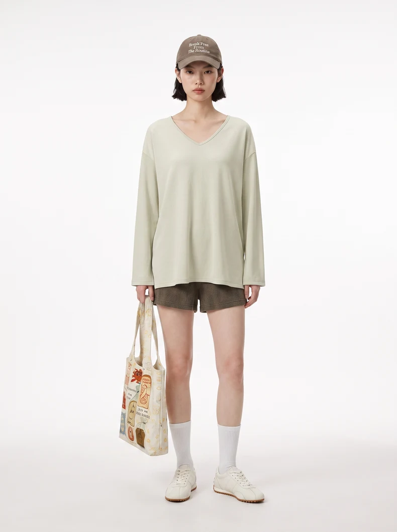 V-Neck Slit Long Sleeve T-Shirt image 3