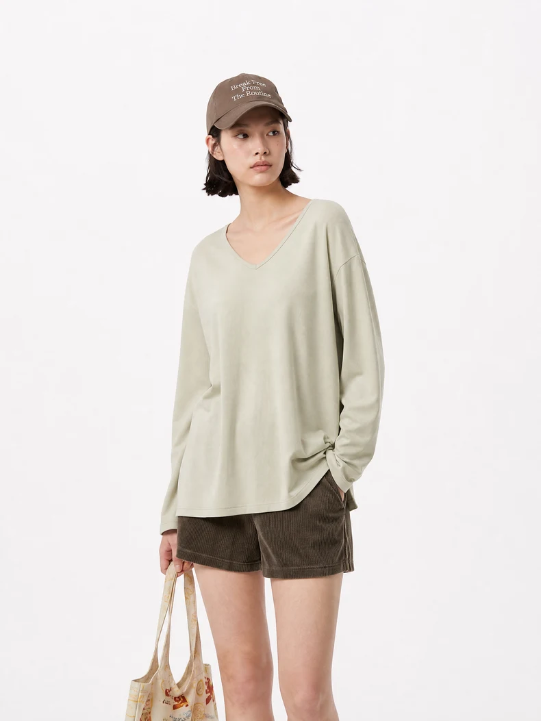 V-Neck Slit Long Sleeve T-Shirt image 4