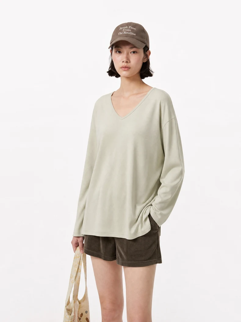 V-Neck Slit Long Sleeve T-Shirt image 5