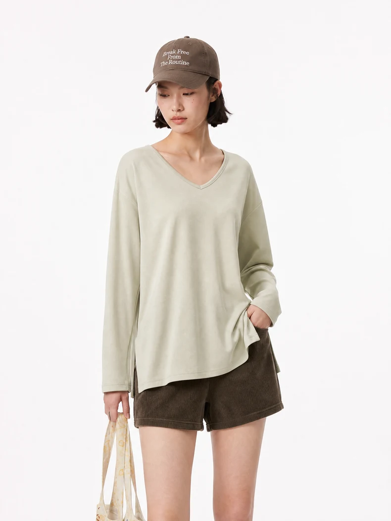 V-Neck Slit Long Sleeve T-Shirt image 6