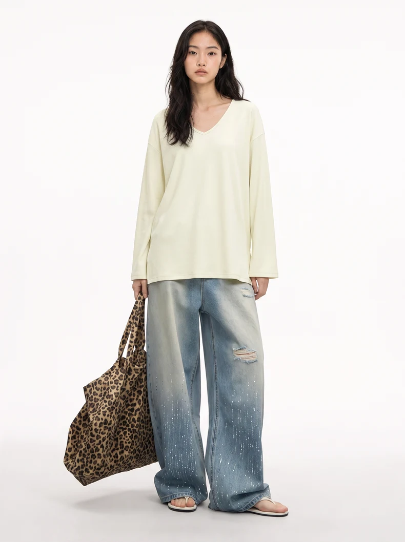 V-Neck Slit Long Sleeve T-Shirt image 7