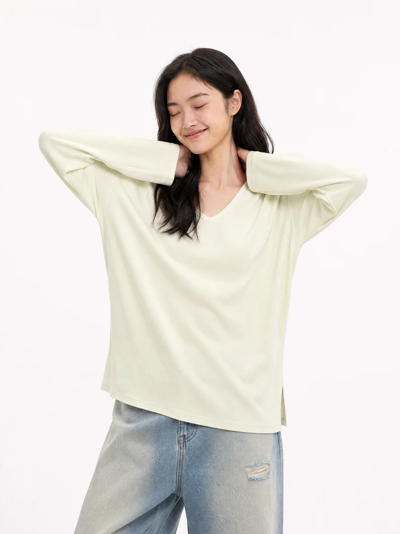 V-Neck Slit Long Sleeve T-Shirt image 9