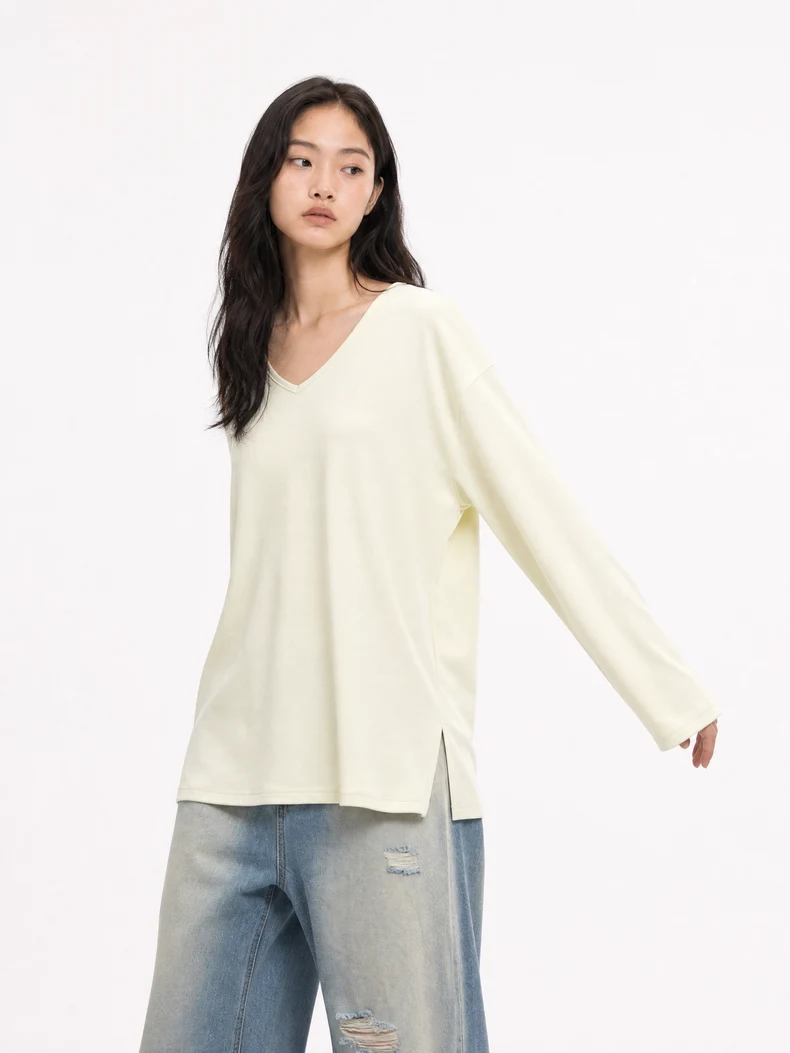 V-Neck Slit Long Sleeve T-Shirt image 10