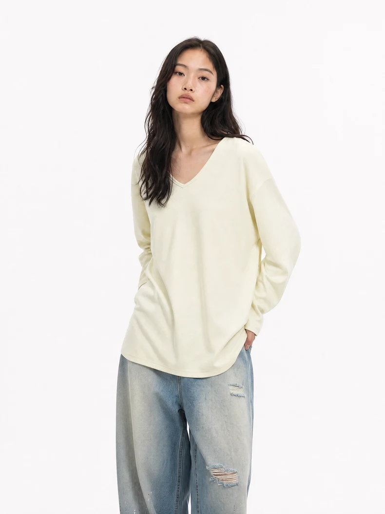 V-Neck Slit Long Sleeve T-Shirt image 12