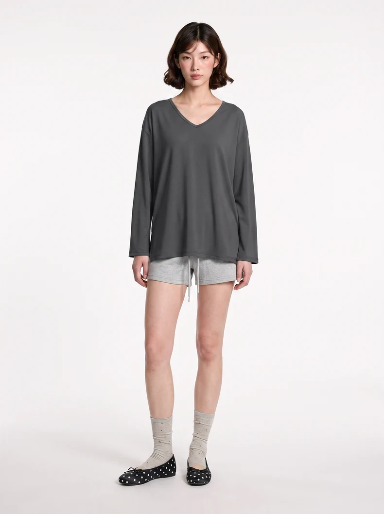 V-Neck Slit Long Sleeve T-Shirt image 13