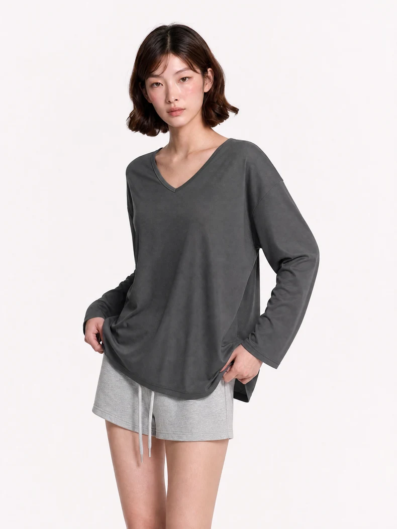 V-Neck Slit Long Sleeve T-Shirt image 15