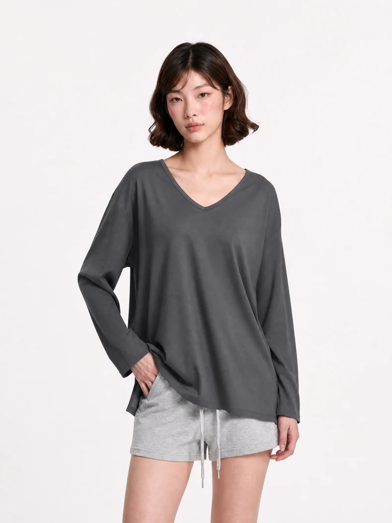 V-Neck Slit Long Sleeve T-Shirt image 16