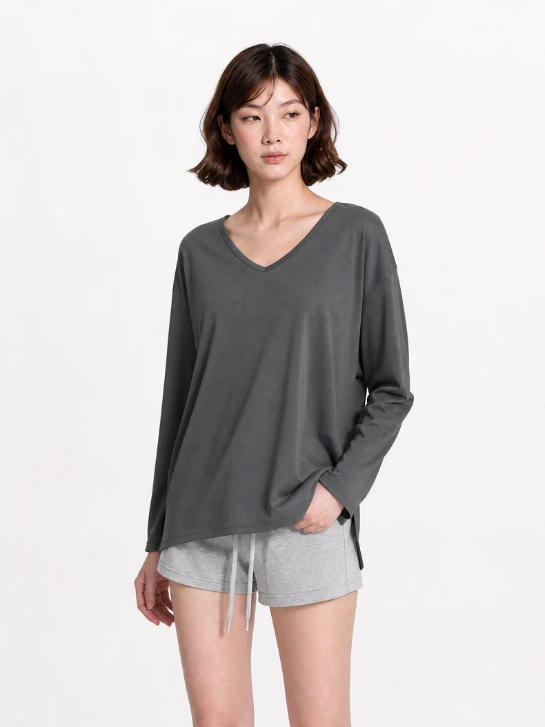 V-Neck Slit Long Sleeve T-Shirt image 17
